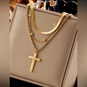 Gold plated stainless steel 1pc layered cross pendant chain necklace